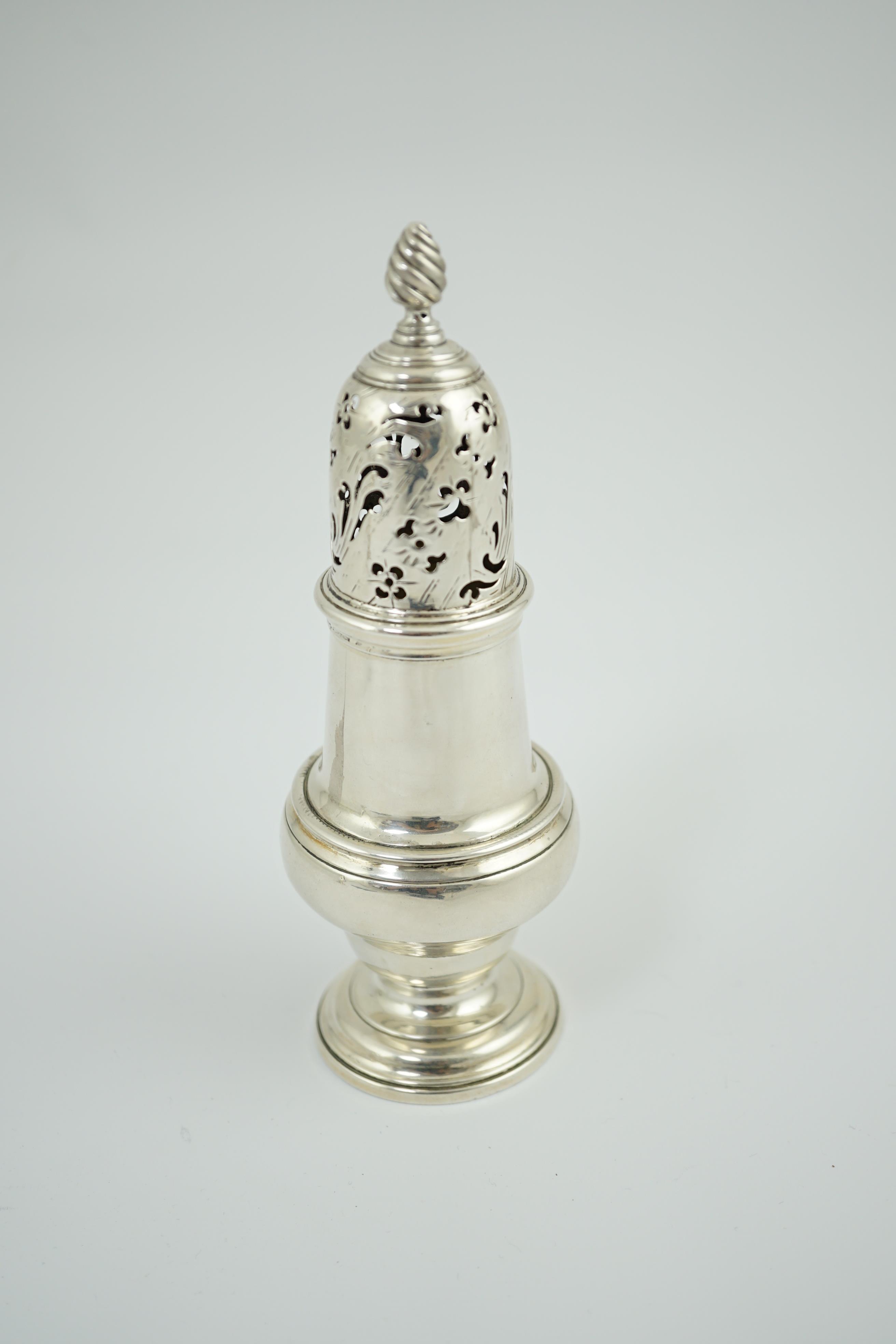 An early George III silver baluster sugar caster, by John Delmester